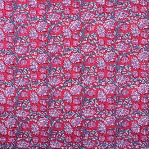 1 Yard Pink Floral Print Hand Block Cotton Kantha Doriya Fabric