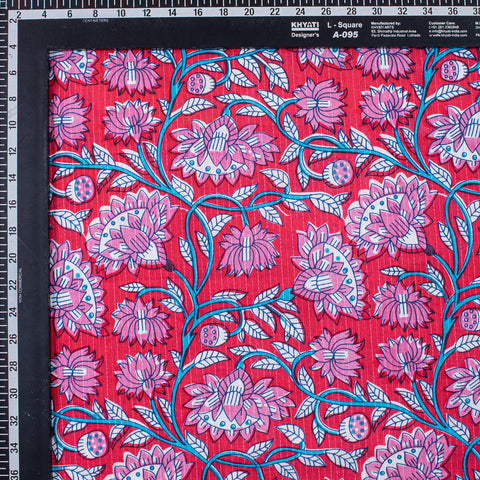 1 Yard Pink Floral Print Hand Block Cotton Kantha Doriya Fabric