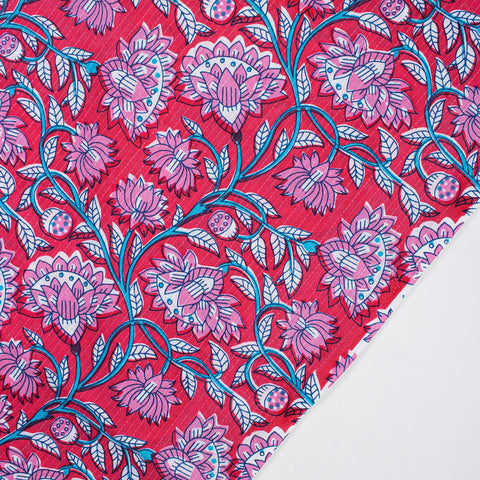 1 Yard Pink Floral Print Hand Block Cotton Kantha Doriya Fabric