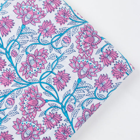 1 Yard Pink Blue Floral Print Hand Block Print Kantha Fabric