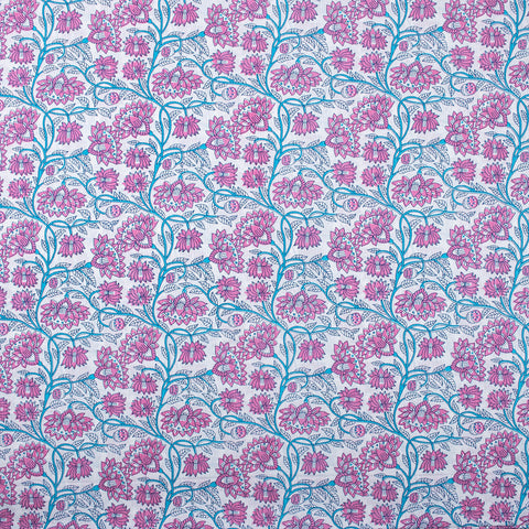 1 Yard Pink Blue Floral Print Hand Block Print Kantha Fabric