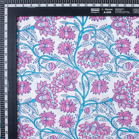 1 Yard Pink Blue Floral Print Hand Block Print Kantha Fabric