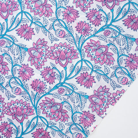 1 Yard Pink Blue Floral Print Hand Block Print Kantha Fabric