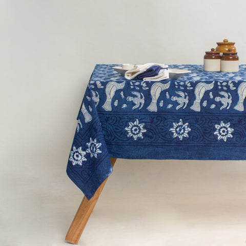 Indigo Fabric bird block print Tablecloth Bird Hand Printed India Fabric Natural Vegetable Dye Sewing Linen, Wedding Tablecloth