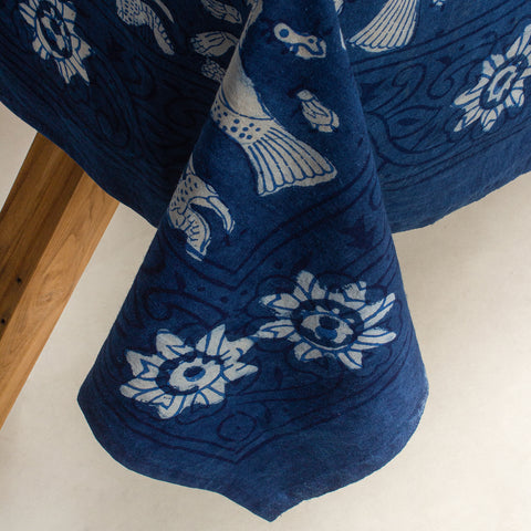 Indigo Fabric bird block print Tablecloth Bird Hand Printed India Fabric Natural Vegetable Dye Sewing Linen, Wedding Tablecloth