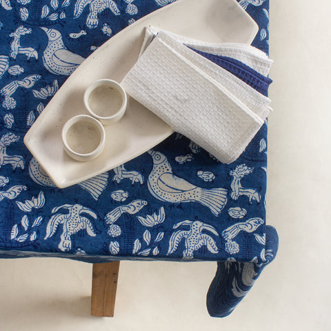 Indigo Fabric bird block print Tablecloth Bird Hand Printed India Fabric Natural Vegetable Dye Sewing Linen, Wedding Tablecloth