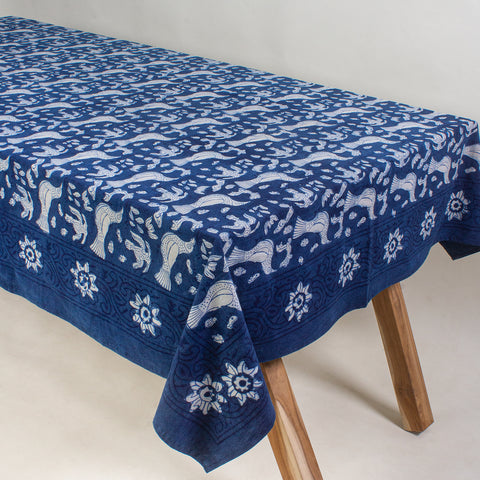 Indigo Fabric bird block print Tablecloth Bird Hand Printed India Fabric Natural Vegetable Dye Sewing Linen, Wedding Tablecloth