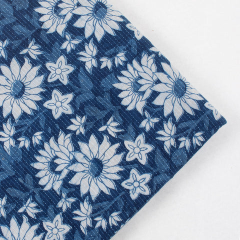 1 Yard Indigo Blue Floral Print Hand Block Kantha doriya Fabric