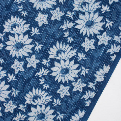 1 Yard Indigo Blue Floral Print Hand Block Kantha doriya Fabric